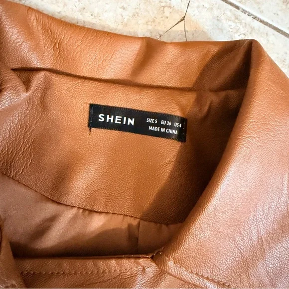 🎉 SOLD - SHEIN Brown/Tan Faux Leather Moto Jacket – Size S - Picture 4 of 9